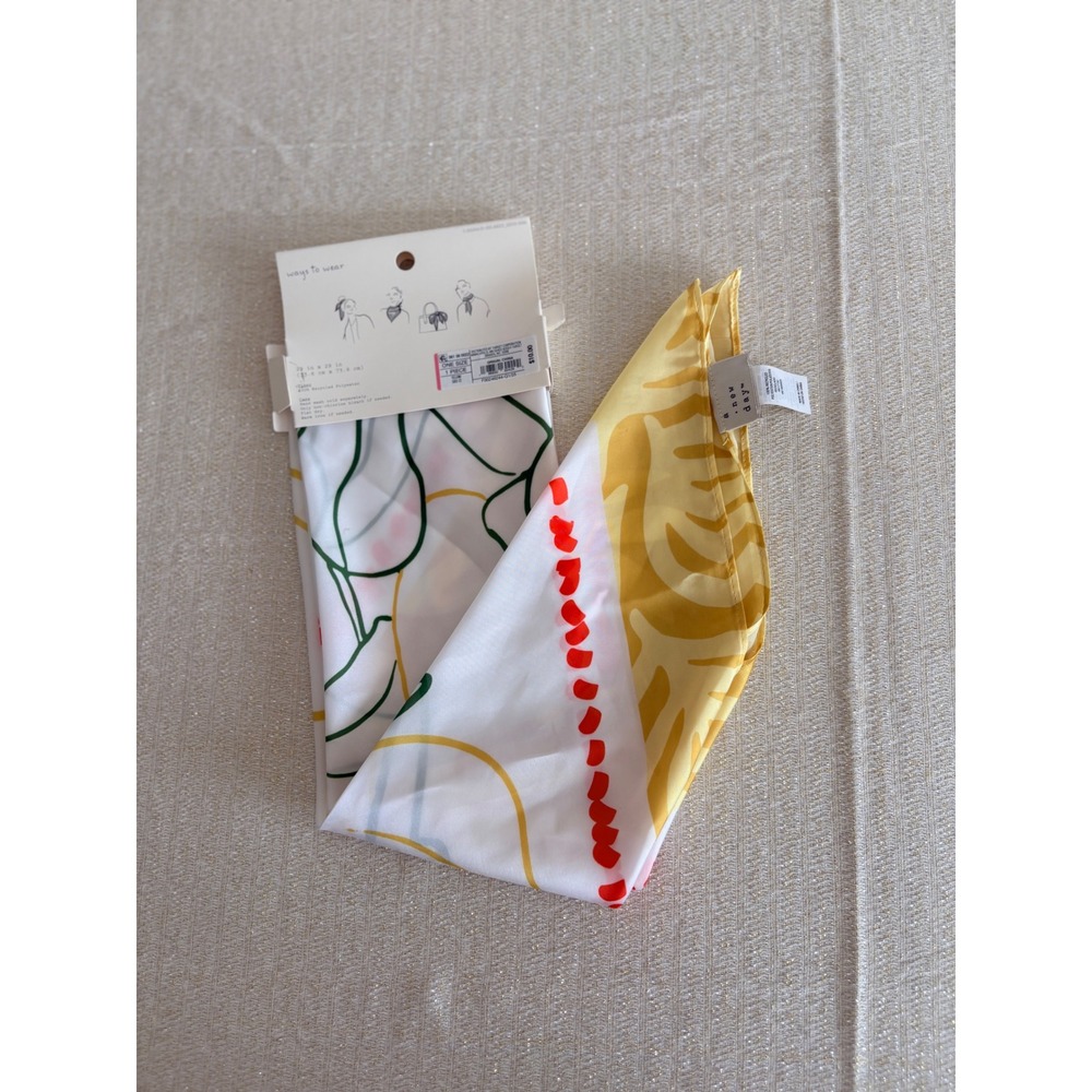 A New Day Satin Scarf OS White Yellow NEW Abstract Floral Square Neckerchief 29"